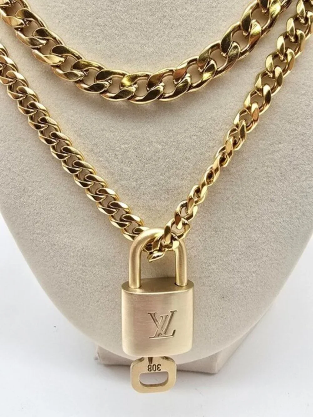 Authentic Louis Vuityon Gold Padlock Pendant with Stainless Steel 2 Cuban Style